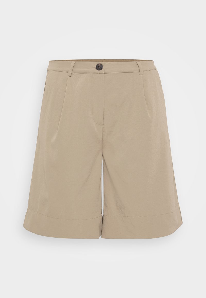 Beige Shorts mit flachem Frontdesign, zwei Seitentaschen und einem einzelnen Knopfverschluss. Der Stoff ist glatt mit einem leichten Glanz.