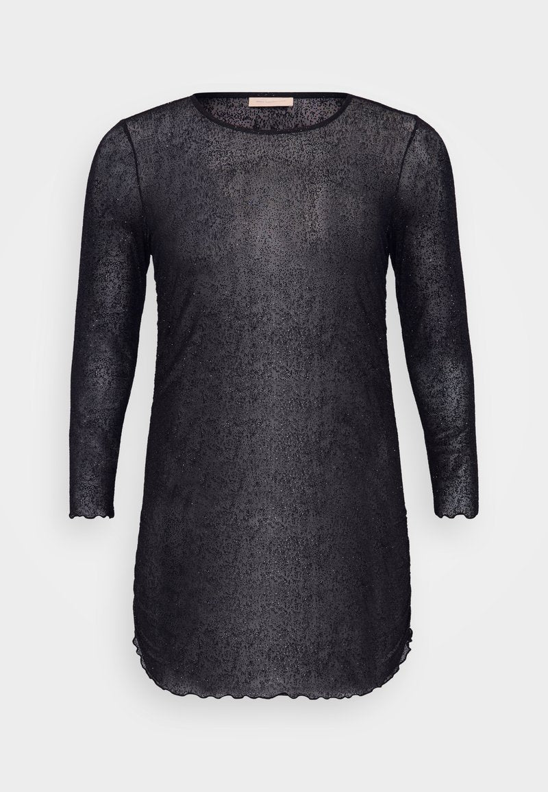 Schwarzes, transparentes Tunika-Kleid mit Dreiviertelärmeln, Rundhalsausschnitt und gewelltem Saum. Texturiertes Material mit subtilen Schimmerdetails im gesamten Kleid.