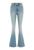 Helle blaue Jeans im Bootcut-Stil mit hoher Taille, ausgestattet mit einem Knopfverschluss, fünf Taschen und einer ausgeblichenen Waschung für einen Vintage-Look.