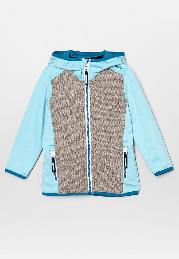 Helle blaue Kapuzenjacke mit einem grauen strukturierten Frontpaneel, Reißverschluss vorne und zwei seitlichen Taschen mit schwarzen Hardware-Akzenten.