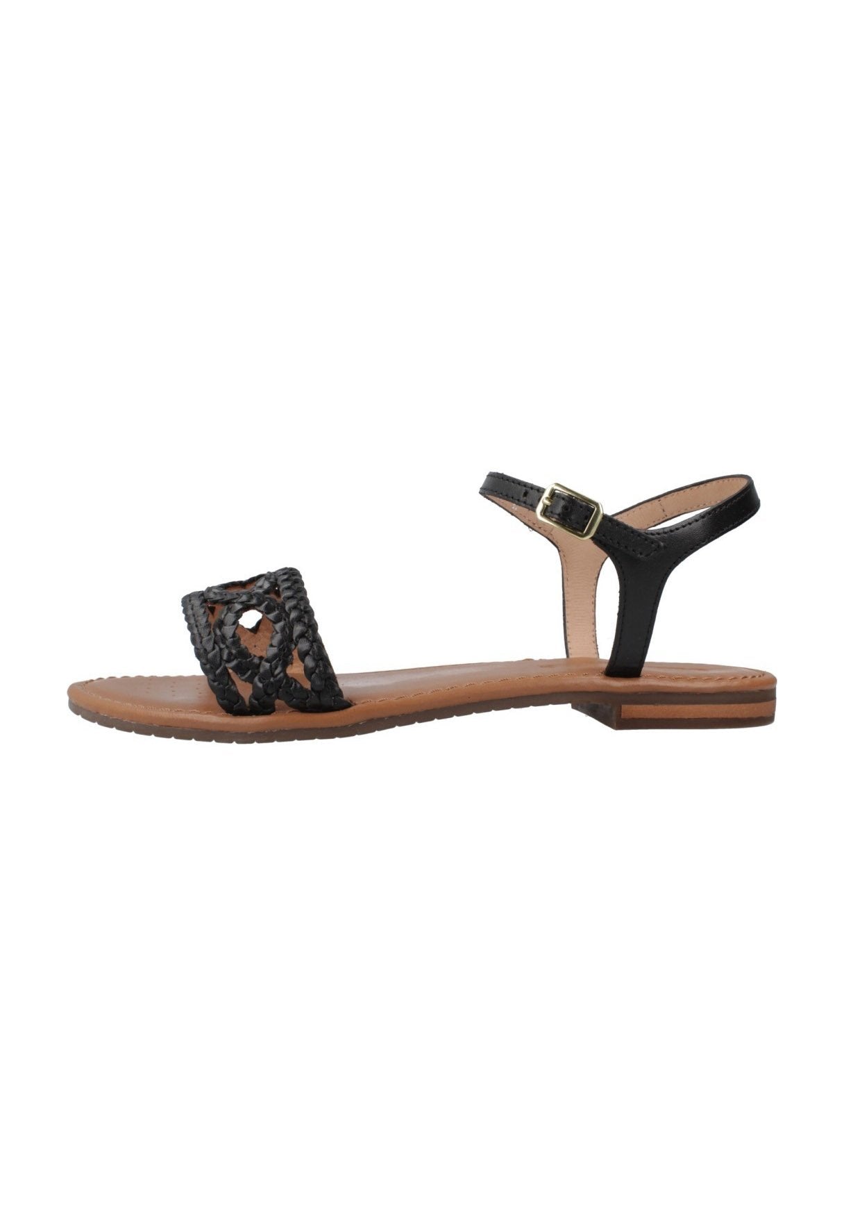 Schwarze Sandalen mit geflochtenem Cut-out-Design im Obermaterial, Knöchelriemen mit goldfarbener Schnalle und braunem strukturiertem Absatz. Flacher Absatz.