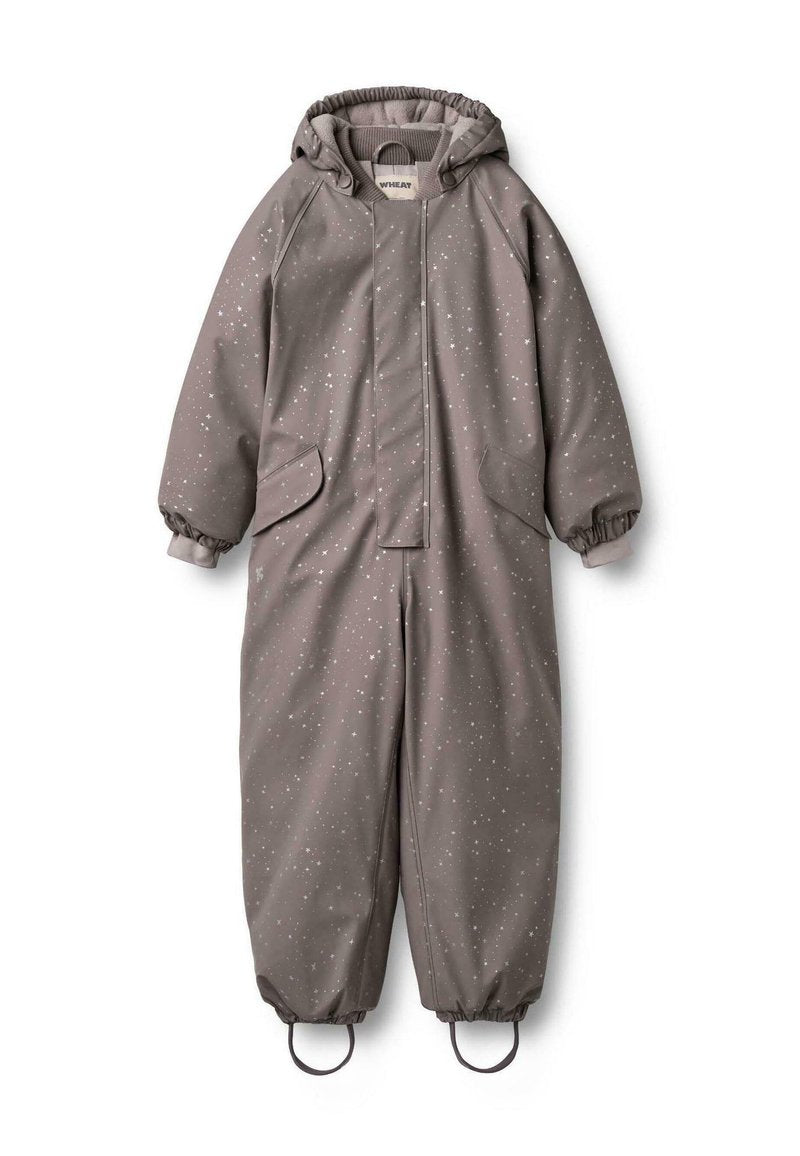 Grau Schneeanzug mit Sternenmuster, ausgestattet mit einer Kapuze, zwei Fronttaschen, elastischen Bündchen und Fußschlaufen für einen sicheren Sitz. Wasserdichtes Material.