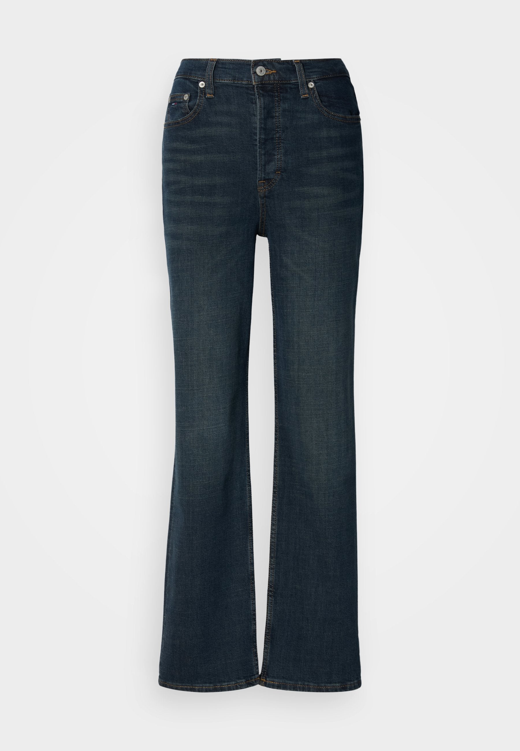 Dunkelblaue, ausgestellte Jeans aus Denim mit taillierter Passform, fünf Taschen und dezentem Waschungseffekt auf der Vorderseite.