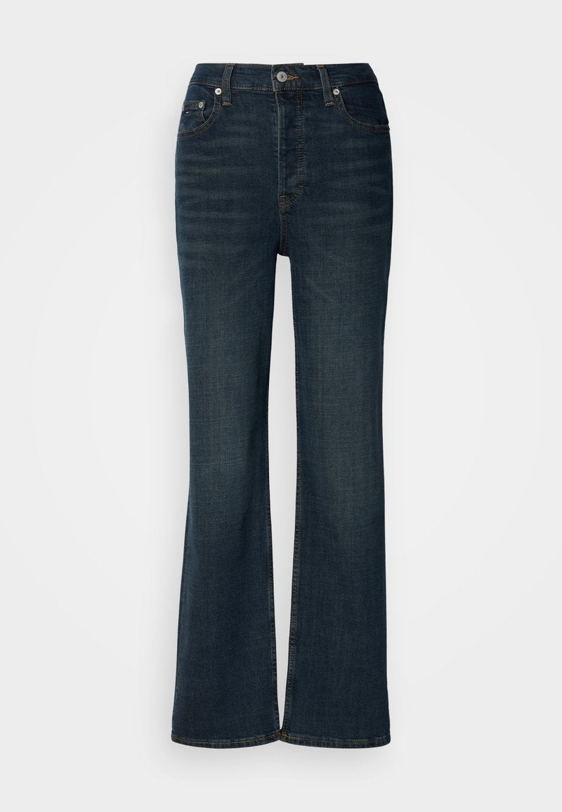 Dunkelblaue, ausgestellte Jeans aus Denim mit taillierter Passform, fünf Taschen und dezentem Waschungseffekt auf der Vorderseite.