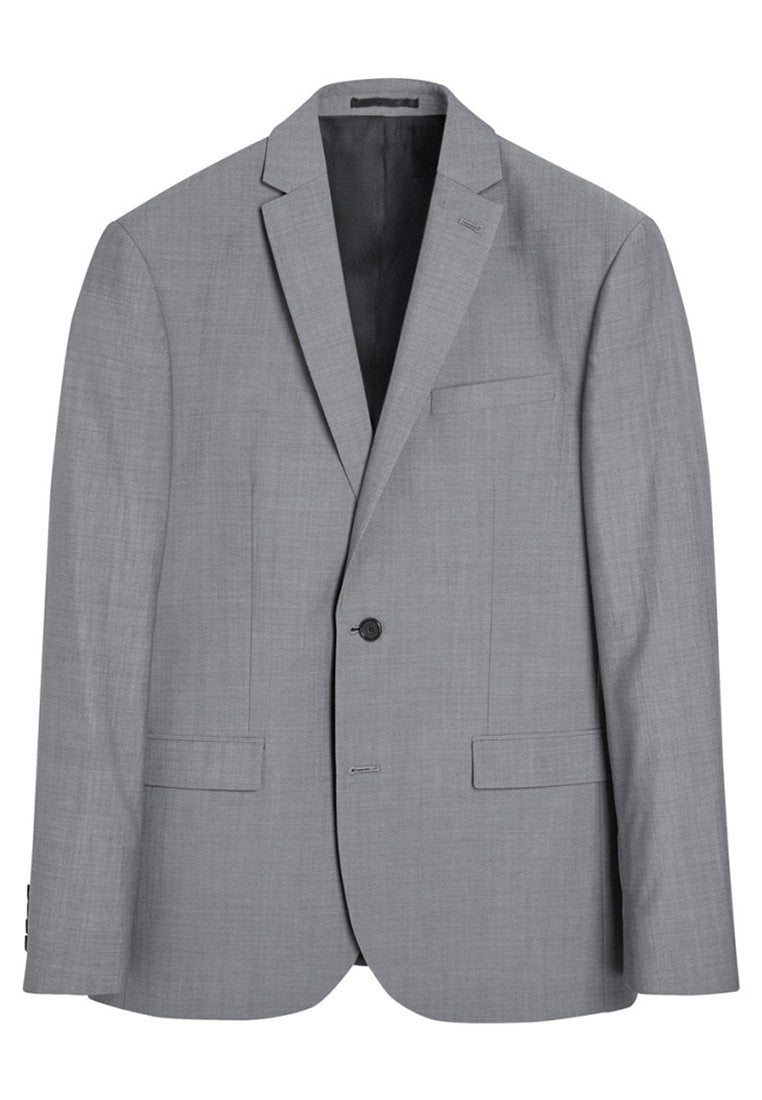 Grau maßgeschneiderte Blazer aus einem glatten, strukturierten Stoff. Mit einem einzelnen Knopfverschluss, Reverskragen und zwei frontalen Taschen.