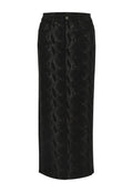 Schwarzer Jeansrock mit Schlangenhautmuster, hoher Taille, Knopfverschluss auf der Vorderseite und schlanker, gerader Silhouette. Der Saum reicht bis zur Mitte der Wade.