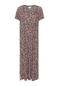 Maxikleid mit Leopardenmuster, kurze Ärmel, aus weichem Stoff, mit lockerer Passform und seitlichen Schlitzen für mehr Bewegungsfreiheit.