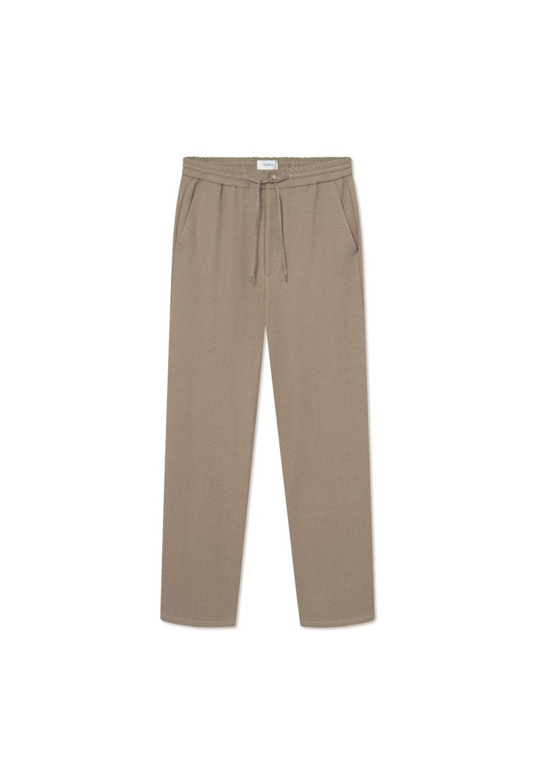 Beige, leichte Hose mit einem strukturierten Muster, Zugbandbund und Seitentaschen. Gerades Bein Design, geeignet für Freizeitbekleidung.