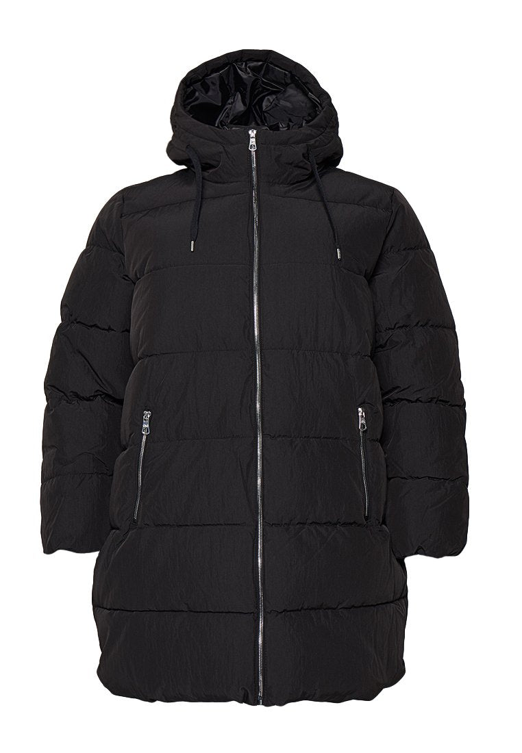 Schwarze Steppjacke mit Kapuze, ausgestattet mit durchgehendem Reißverschluss, elastischen Kordelzügen und zwei seitlichen Reißverschlusstaschen. Steppendesign mit strukturierter Oberfläche.