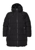 Schwarze Steppjacke mit Kapuze, ausgestattet mit durchgehendem Reißverschluss, elastischen Kordelzügen und zwei seitlichen Reißverschlusstaschen. Steppendesign mit strukturierter Oberfläche.