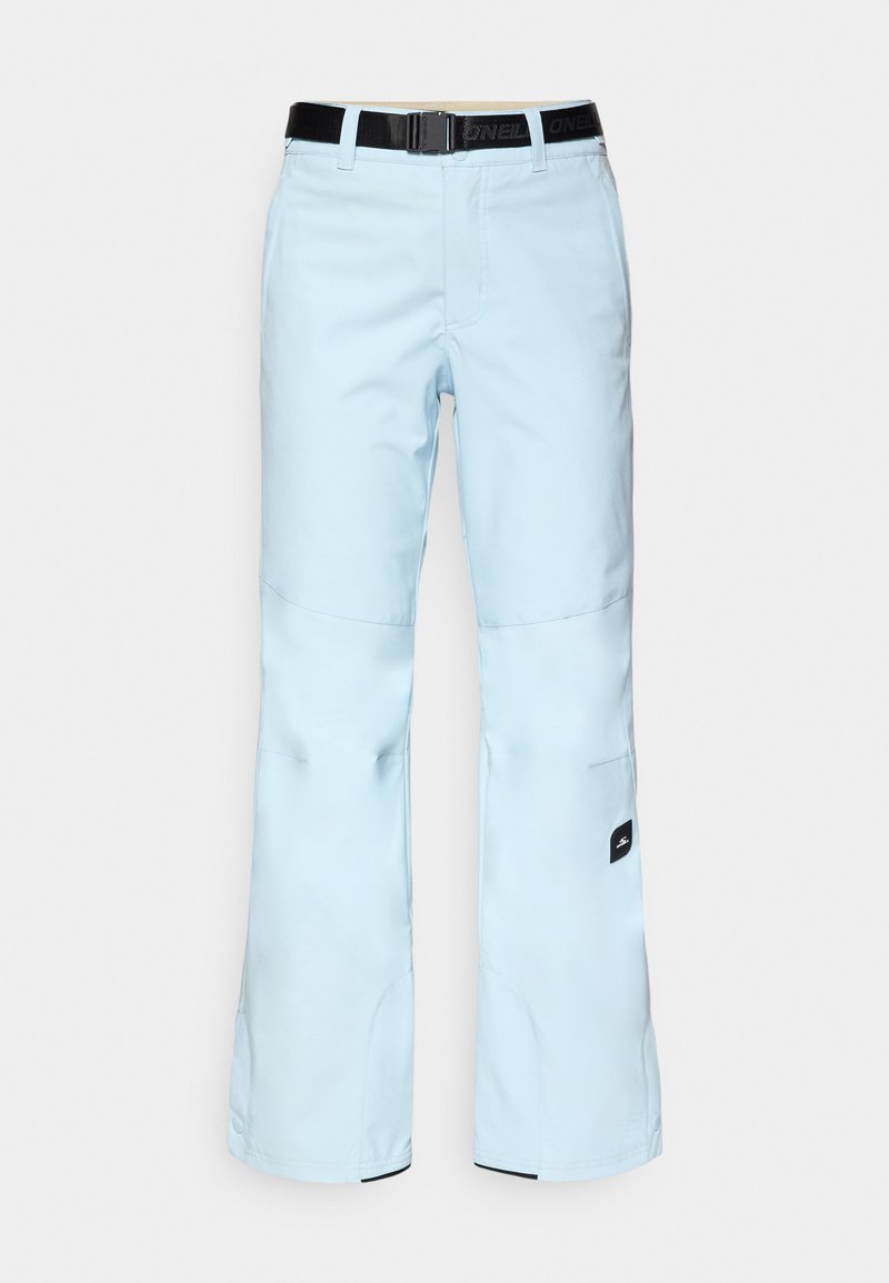 Himmelblaue Skihosen mit einem aerodynamischen Design, gefertigt aus strapazierfähigem Stoff. Mit einem schwarzen verstellbaren Gürtel und Druckknopfverschlüssen an den Knöcheln.