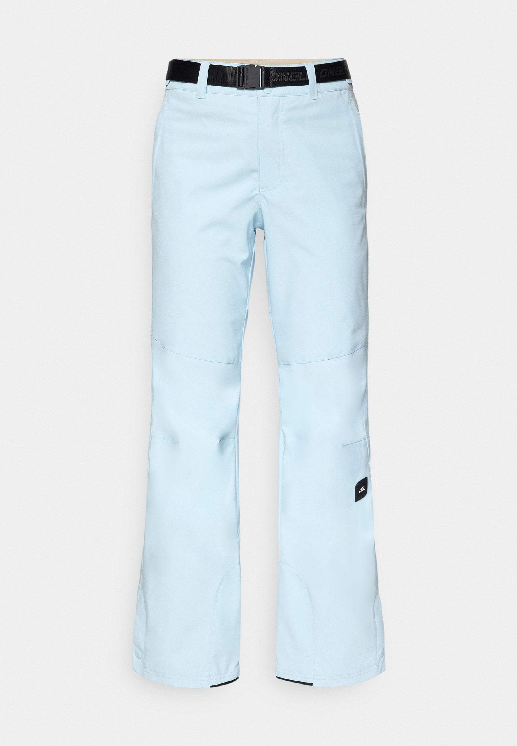 Himmelblaue Skihosen mit einem aerodynamischen Design, gefertigt aus strapazierfähigem Stoff. Mit einem schwarzen verstellbaren Gürtel und Druckknopfverschlüssen an den Knöcheln.