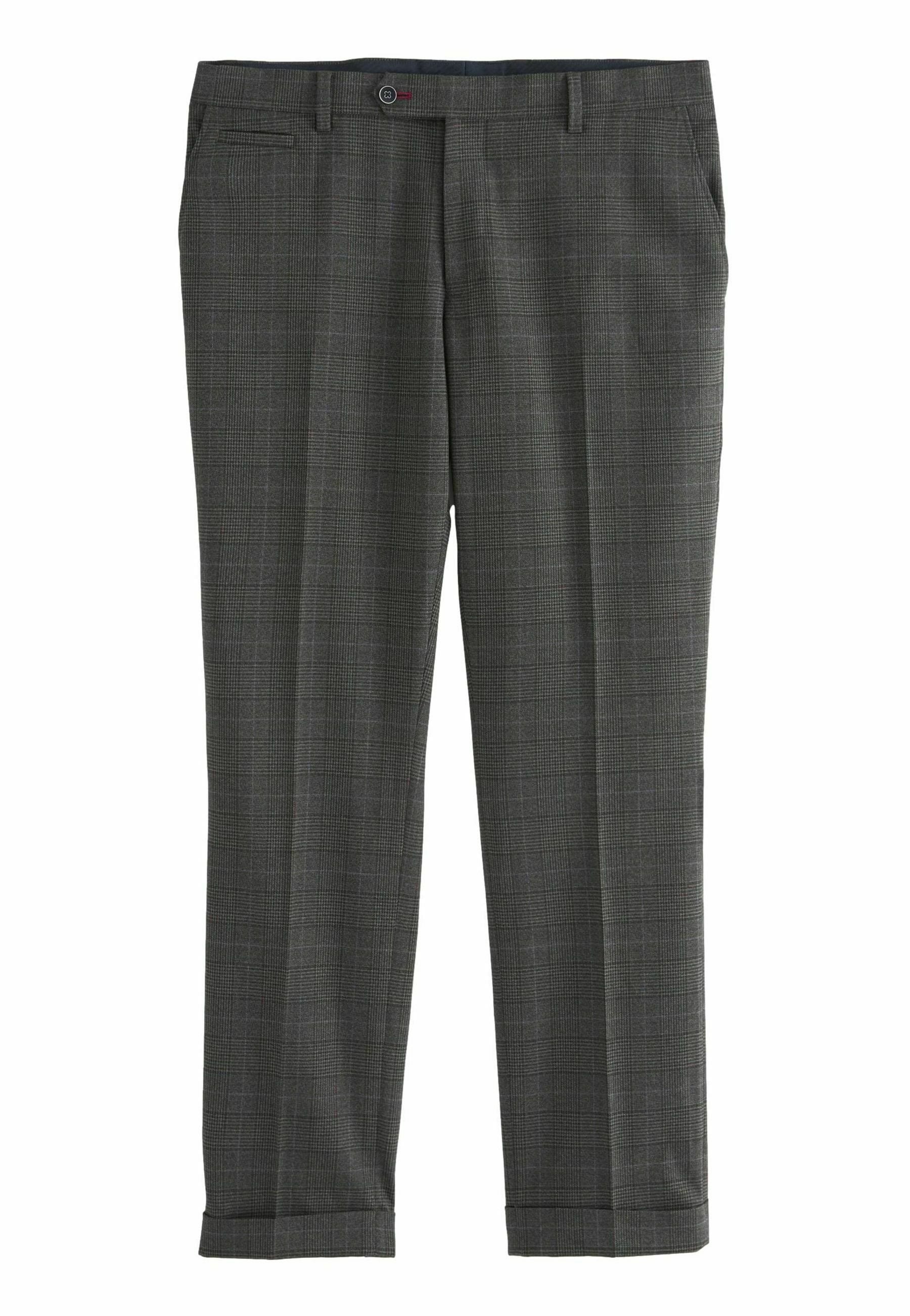 Graue Karottenhose mit geradem Schnitt, versehen mit dezenten Karomustern, seitlichen Taschen und einem umgeschlagenen Saum. Hergestellt aus einem strukturierten Stoff.