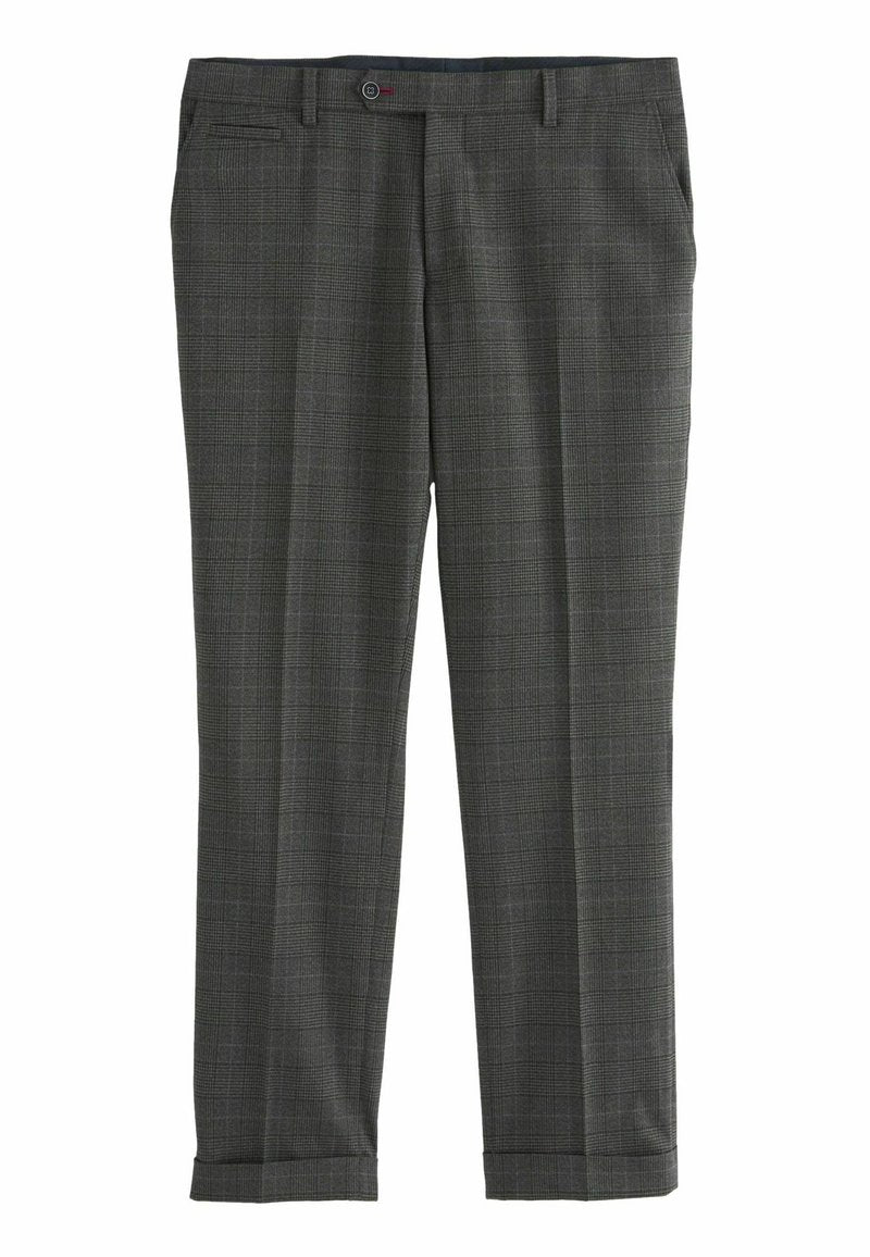 Graue Karottenhose mit geradem Schnitt, versehen mit dezenten Karomustern, seitlichen Taschen und einem umgeschlagenen Saum. Hergestellt aus einem strukturierten Stoff.