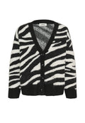 Schwarz-weißer, zebra gestreifter Cardigan aus strukturiertem Garn, mit V-Ausschnitt, Knopfleiste und gerippten Bündchen sowie Saum.