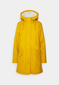 Gelbe Kapuzenparka mit knöpfbarem Frontverschluss, Zugbändern, zwei schrägen Klappentaschen und weißem Fleecefutter in der Kapuze.