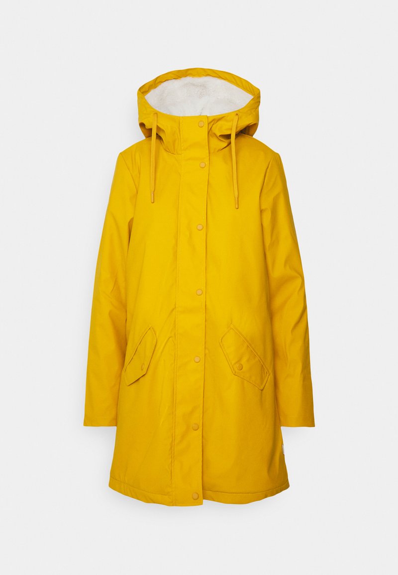 Gelbe Kapuzenparka mit knöpfbarem Frontverschluss, Zugbändern, zwei schrägen Klappentaschen und weißem Fleecefutter in der Kapuze.