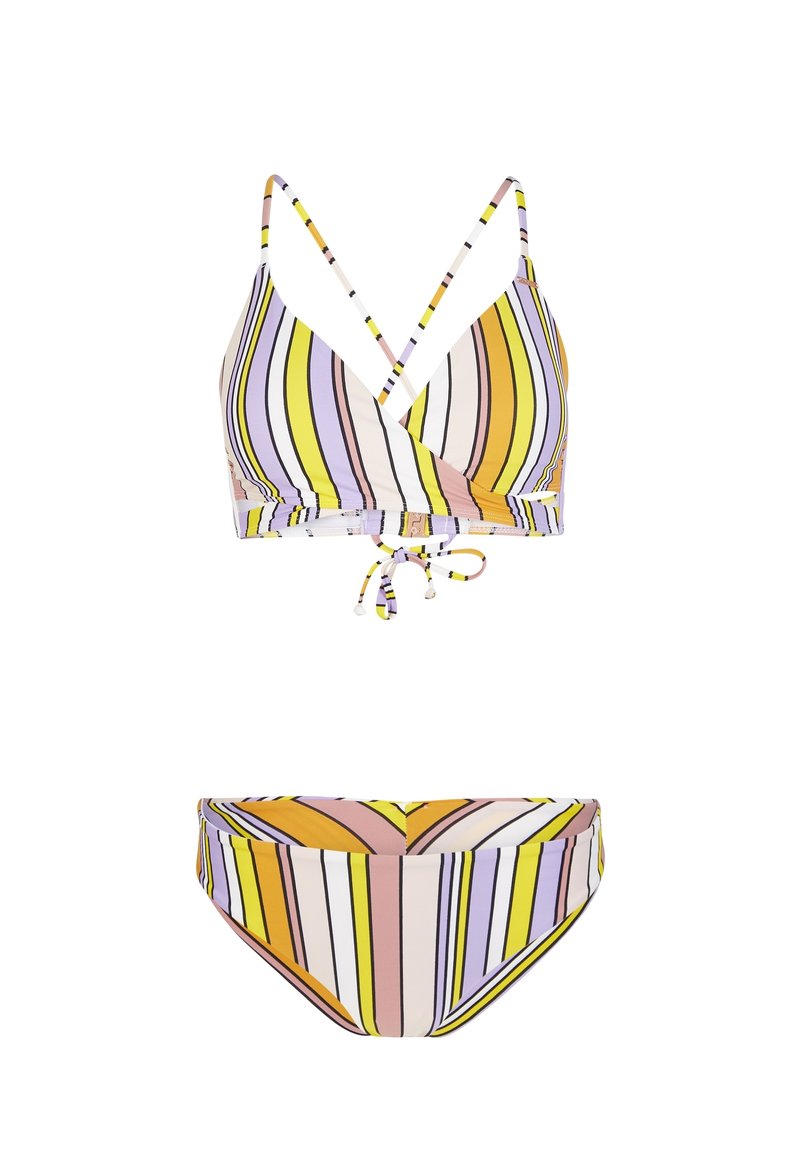 Zweiteiliges Bikini-Set mit pastellgelben, lila, orangefarbenen, weißen und schwarzen vertikalen Streifen, bestehend aus einem Wickel-Oberteil mit dünnen gekreuzten Trägern.