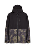 Wasserfeste Jacke in Schwarz mit einem Camouflage-Muster in Grün und Grau. Verfügt über eine Reißverschlusstasche, eine verstellbare Kapuze und elastische Bündchen.