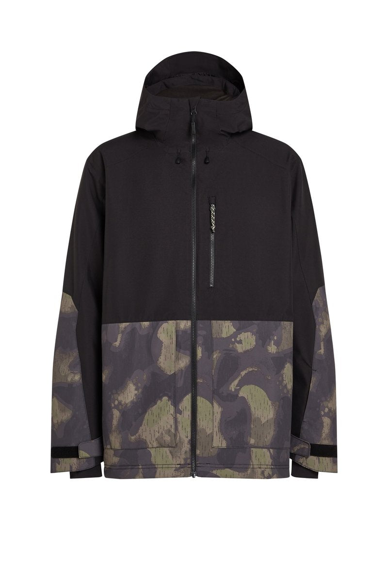 Wasserfeste Jacke in Schwarz mit einem Camouflage-Muster in Grün und Grau. Verfügt über eine Reißverschlusstasche, eine verstellbare Kapuze und elastische Bündchen.