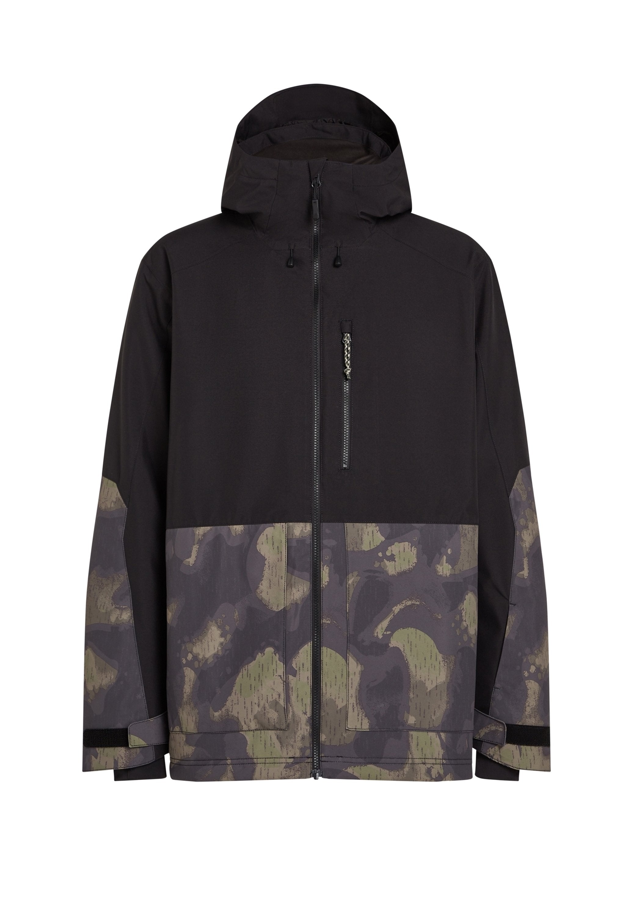 Wasserfeste Jacke in Schwarz mit einem Camouflage-Muster in Grün und Grau. Verfügt über eine Reißverschlusstasche, eine verstellbare Kapuze und elastische Bündchen.