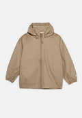 Beige Kapuzenjacke mit Frontreißverschluss, elastischen Bündchen und Druckknopf an der Kapuze, dargestellt auf hellem Hintergrund.