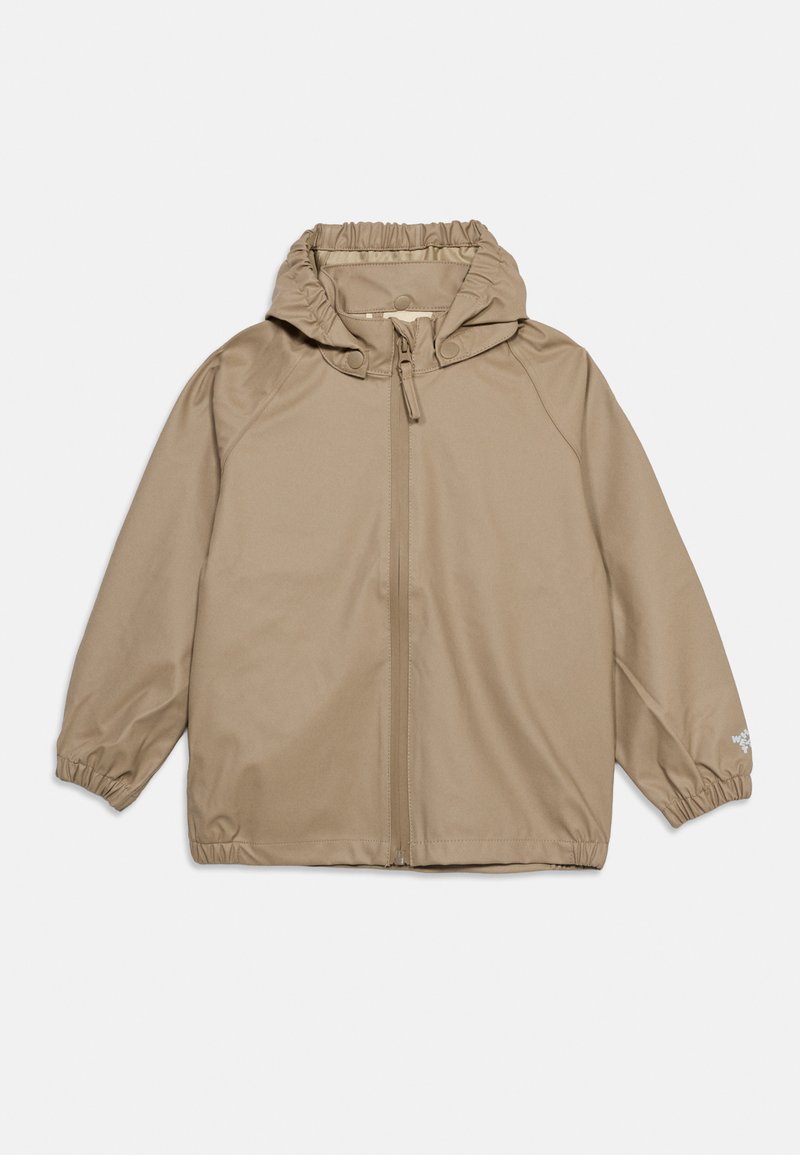 Beige Kapuzenjacke mit Frontreißverschluss, elastischen Bündchen und Druckknopf an der Kapuze, dargestellt auf hellem Hintergrund.