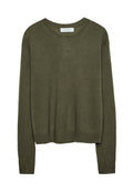 Grüner Pullover aus weichem Stoff, mit Rundhalsausschnitt, langen Ärmeln und einem lockeren Schnitt mit gerippten Bündchen und Saum.