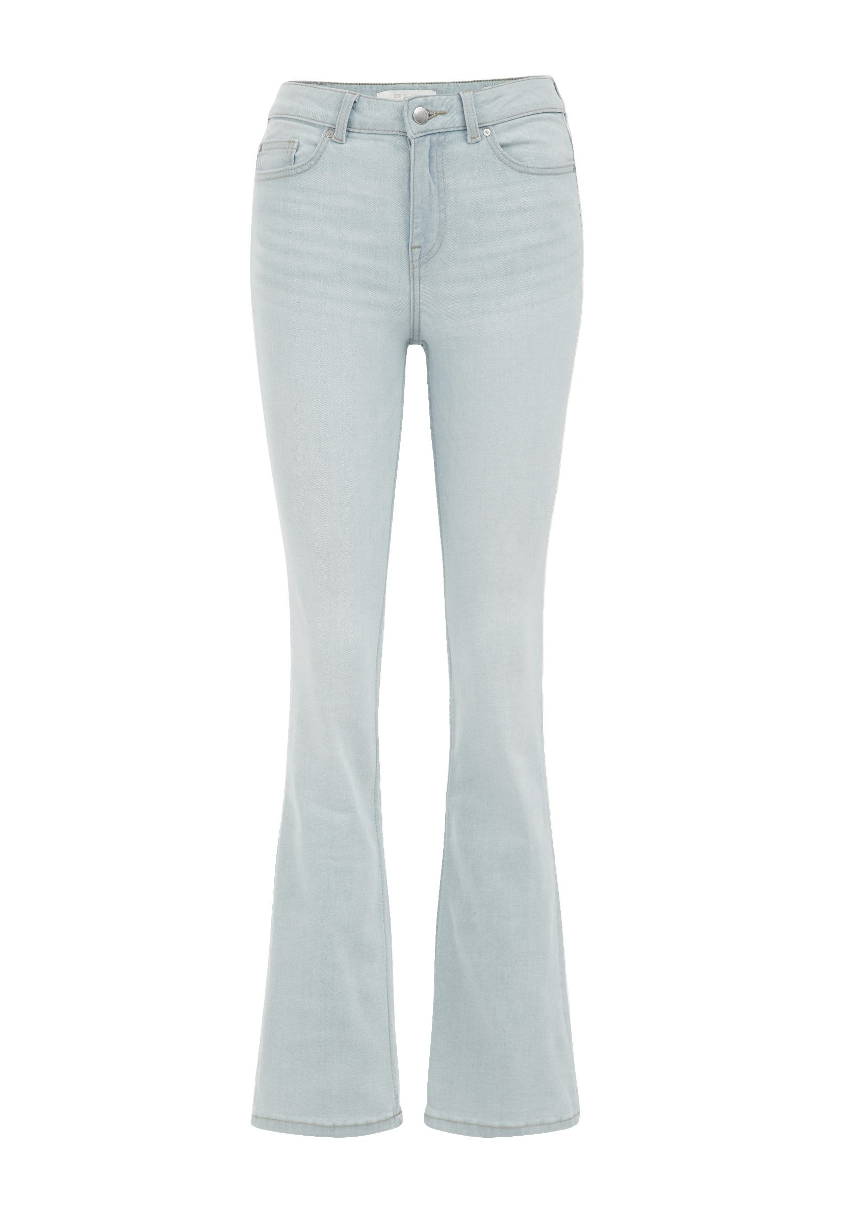 Helle blaue Schlagjeans aus Denim, mit hoher Taille, Fronttaschen und subtiler verblasster Textur. Silberne Beschläge an der Taille.
