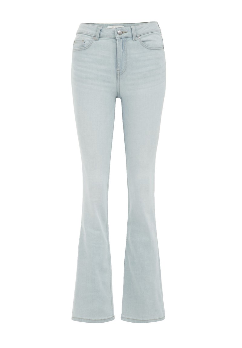 Helle blaue Schlagjeans aus Denim, mit hoher Taille, Fronttaschen und subtiler verblasster Textur. Silberne Beschläge an der Taille.