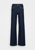 Dunkelblaue weite Jeans aus Denim mit hoher Taille, metallischer Knopfverschlus und dekorativen Nähten entlang der Taschen.