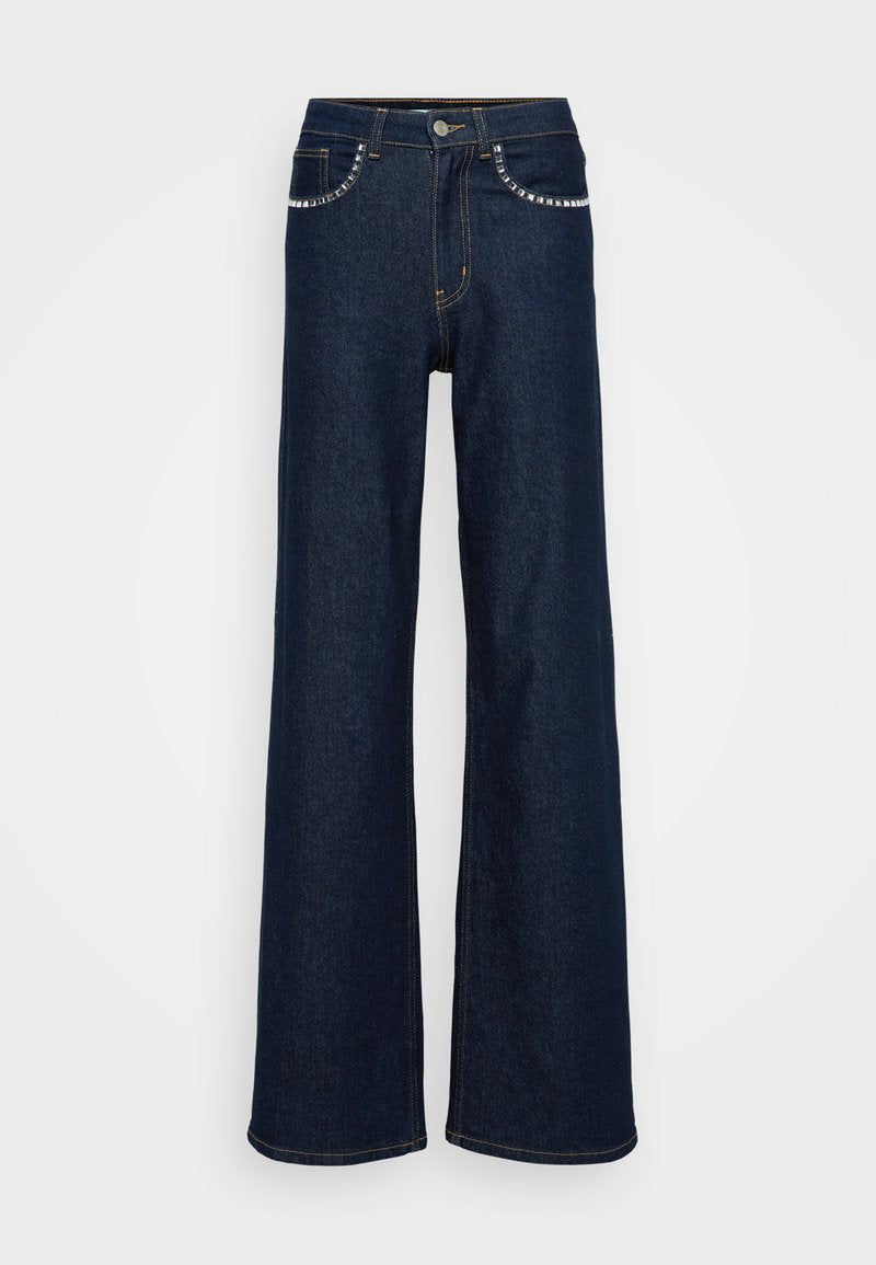 Dunkelblaue weite Jeans aus Denim mit hoher Taille, metallischer Knopfverschlus und dekorativen Nähten entlang der Taschen.