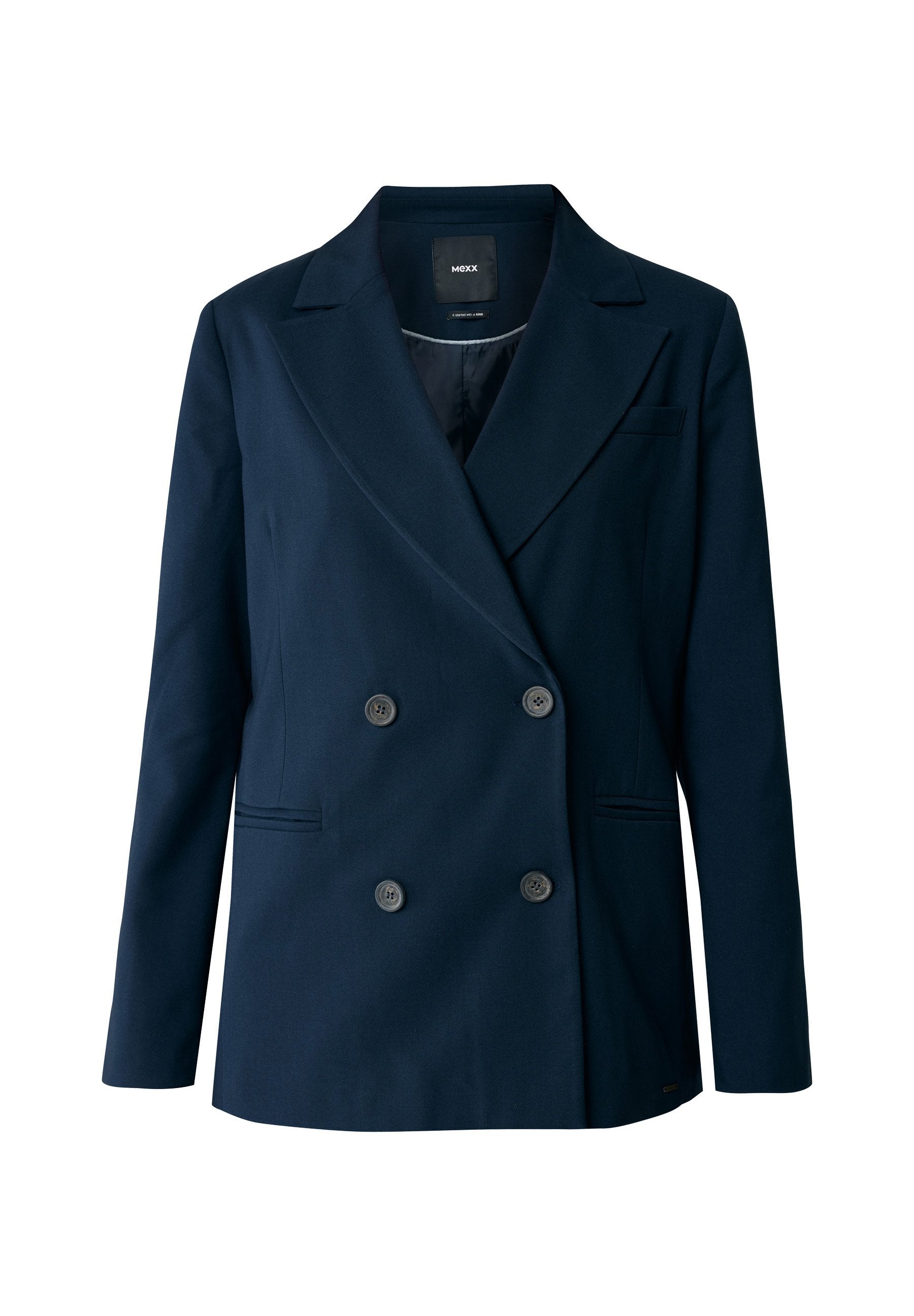Dunkelblauer, doppelt geknöpfter Blazer aus glattem Stoff, mit zwei aufgesetzten Taschen, auffälligen Revers und polierten Knöpfen.