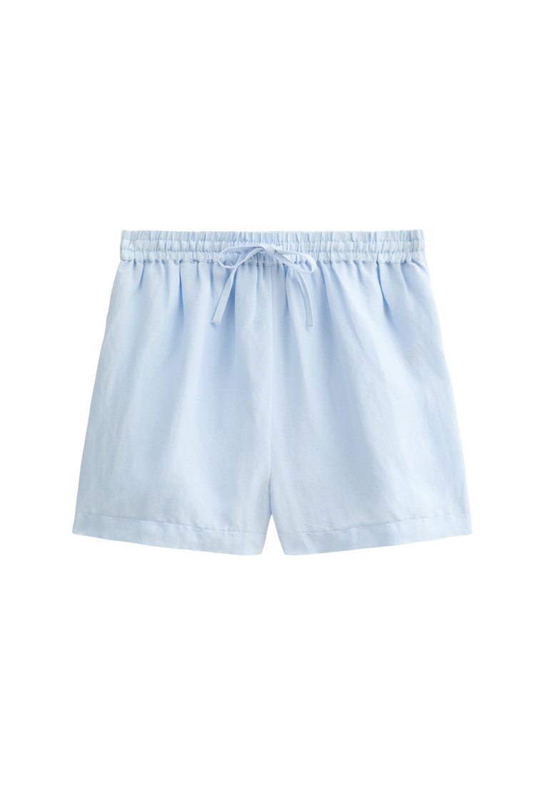 Helle blaue Baumwollshorts mit einem elastischen Bund, Bindeband und subtilen Falten auf der Vorderseite. Schlichte, unauffällige Gestaltung.