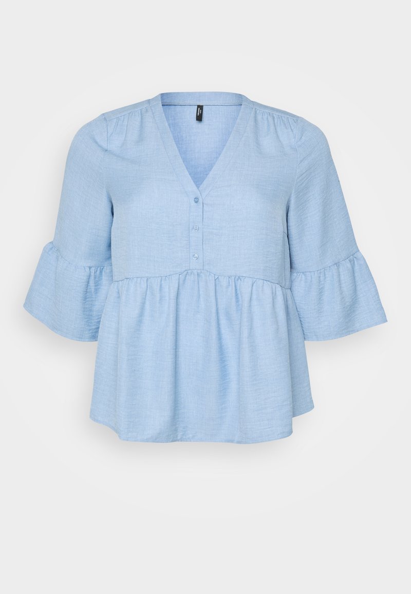 Himmelblaues, gewebtes Oberteil mit V-Ausschnitt, Knopfdetails und dreiviertellangen Glockenärmeln. Ausgestellter Peplum-Saum sorgt für Volumen.