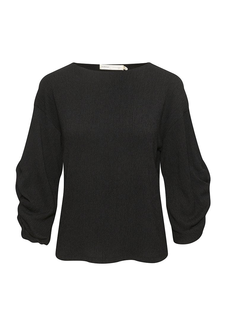 Schwarze Bluse mit rundem Halsausschnitt, lockerer Passform und Puffärmeln. Strukturiertes Gewebe mit einem subtilen Muster. Abgeschnittene Saumlinie.