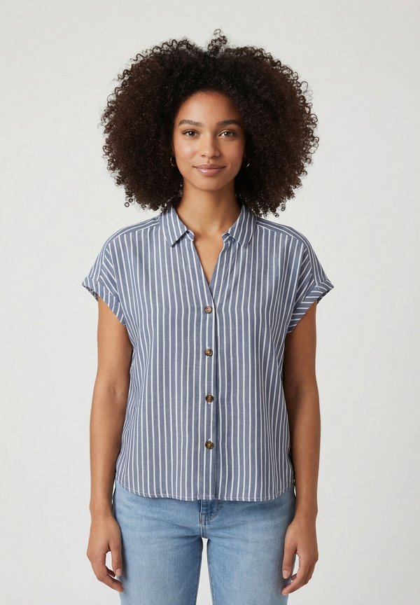 ONLY ONLGIBSI PUORI V NECK SHIRT - Button-down blouse - medium blue denim stripes bright white