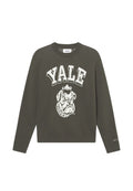 Olivgrüner Strickpullover mit einem weißen Yale-Logo und einem Bulldoggen-Motiv. Rundhalsausschnitt mit gerippten Bündchen und Saum.