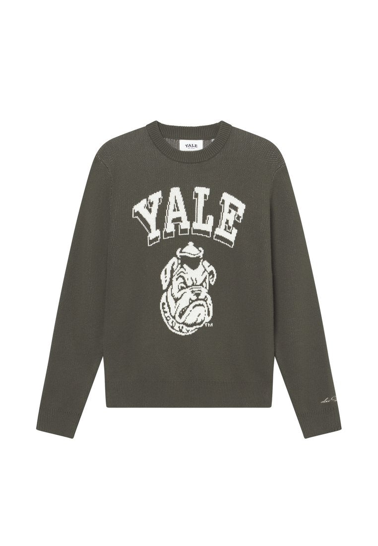 Olivgrüner Strickpullover mit einem weißen Yale-Logo und einem Bulldoggen-Motiv. Rundhalsausschnitt mit gerippten Bündchen und Saum.