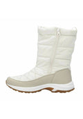 Weißer, gesteppten Winterstiefel mit einer beigen Gummisohle, ausgestattet mit einem seitlichen Reißverschluss und einem strukturierten Muster am Schaft zur Isolierung.