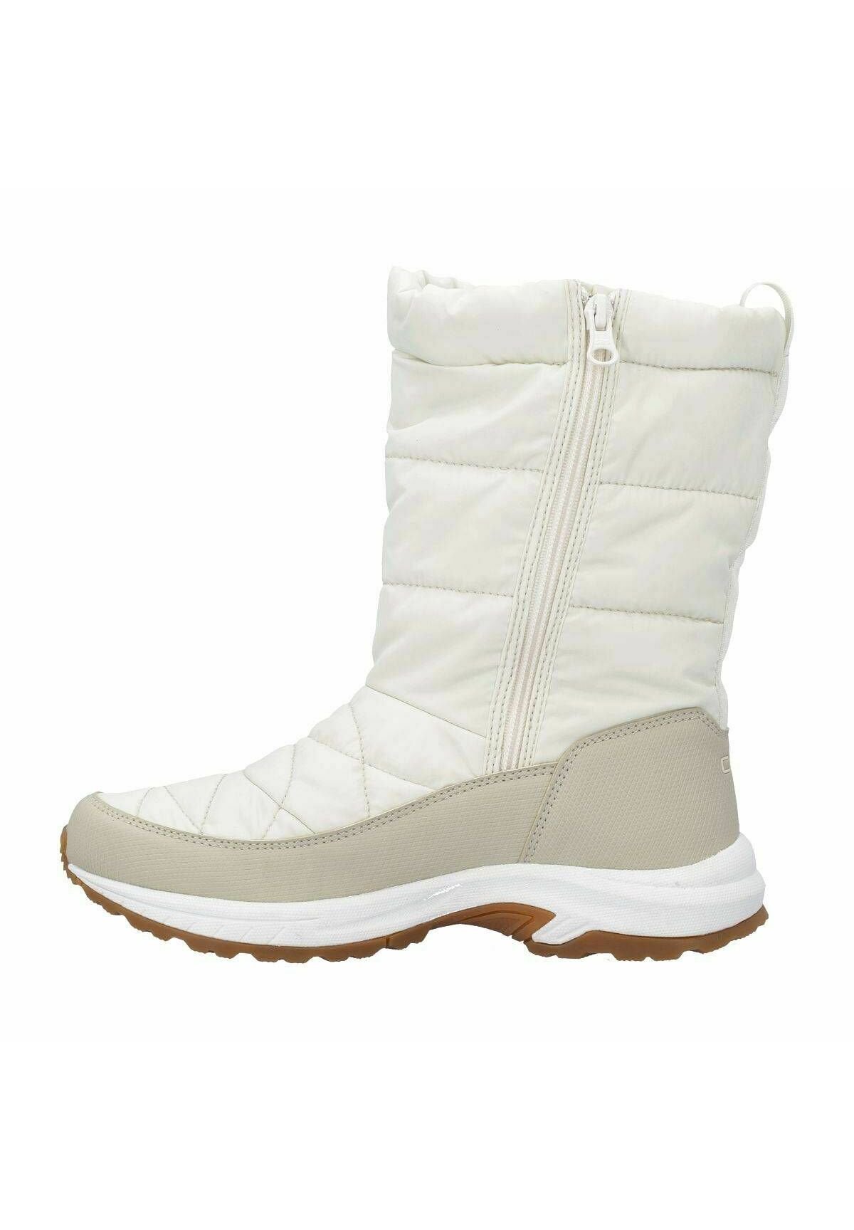 Weißer, gesteppten Winterstiefel mit einer beigen Gummisohle, ausgestattet mit einem seitlichen Reißverschluss und einem strukturierten Muster am Schaft zur Isolierung.