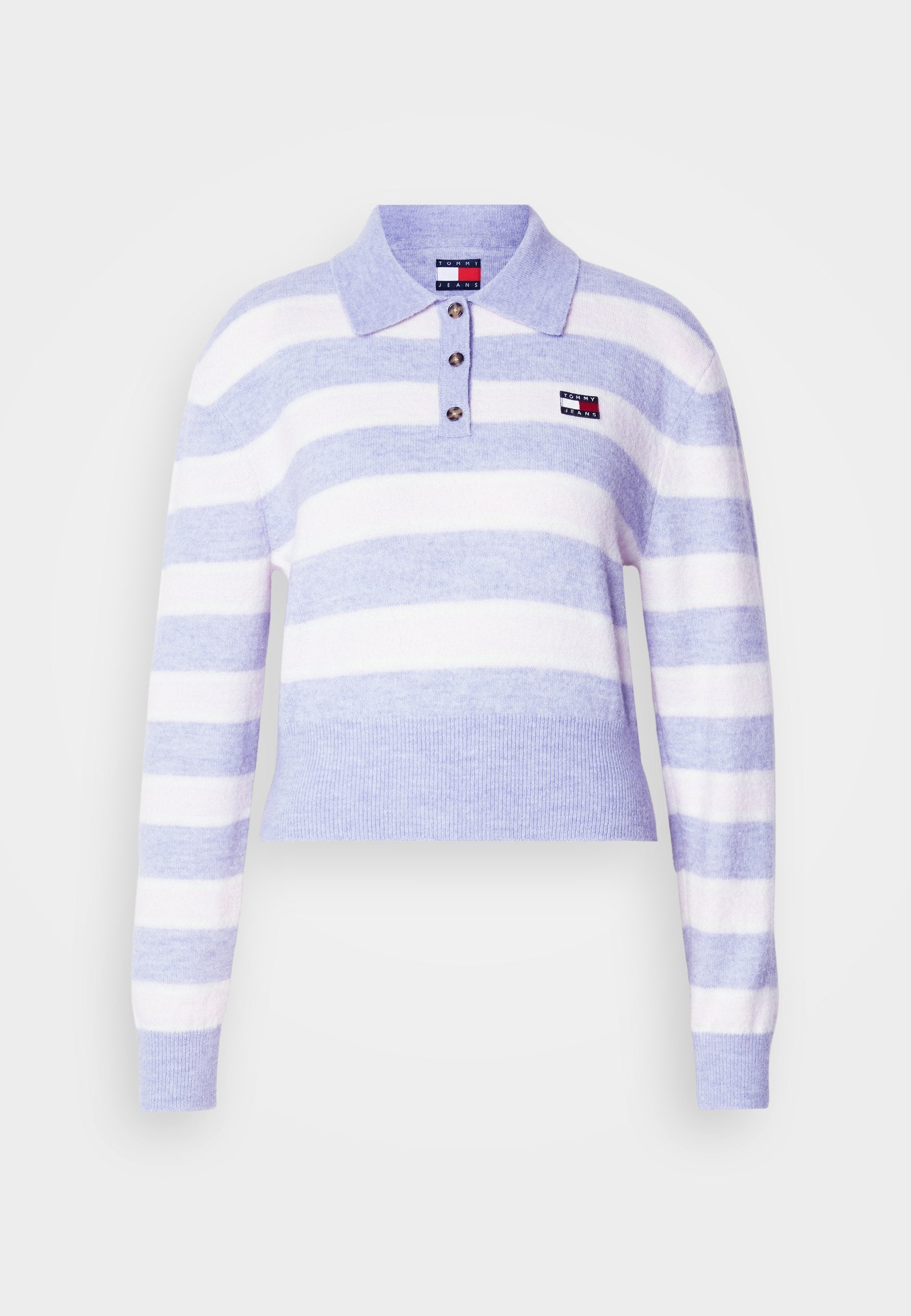 Hellblau-lila und weiße gestreifte Polo-Strickjacke mit Kragen, drei Knopfverschluss, gerippten Manschetten und einem kleinen Logo auf der linken Brust.