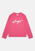 Rosa Sweatshirt aus weichem Material mit Raglanärmeln. Mit weißem, geschwungenem "HUGO"-Schriftzug auf der Vorderseite sowie gerippten Bündchen und Saum.
