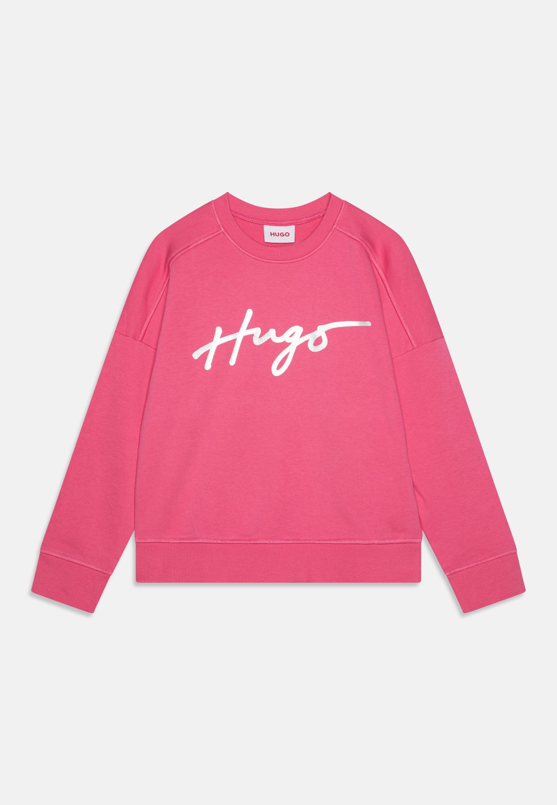 Rosa Sweatshirt aus weichem Material mit Raglanärmeln. Mit weißem, geschwungenem "HUGO"-Schriftzug auf der Vorderseite sowie gerippten Bündchen und Saum.