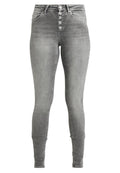Hochtaillierte graue Skinny Jeans mit einem Fünf-Knopf-Verschluss vorne, Gürtelschlaufen und einer glatten Denim-Oberfläche. Verfügt über Fronttaschen.