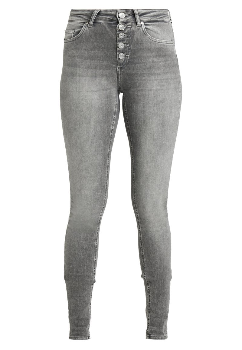 Hochtaillierte graue Skinny Jeans mit einem Fünf-Knopf-Verschluss vorne, Gürtelschlaufen und einer glatten Denim-Oberfläche. Verfügt über Fronttaschen.