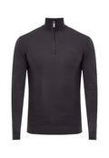 Dunkelgrauer Pullover mit hohem Kragen und halbem Reißverschluss. Hergestellt aus glattem, leichtem Stoff. Verfügt über lange Ärmel und gerippte Bündchen.