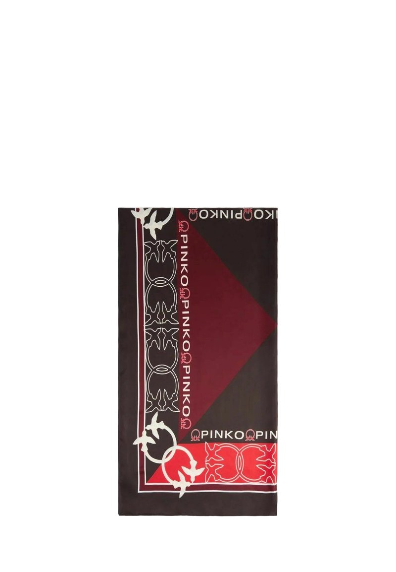 Rechteckiger Schal mit schwarzen, roten und weißen geometrischen Mustern, versehen mit wiederholtem "PINKO"-Schriftzug sowie stilisierten Vogel- und Kettenmotiven.