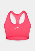 Nike-Sport-BH in leuchtendem Pink mit Racerback-Design, glatter Textur und einem weißen Logo, das in der Mitte auf der Vorderseite platziert ist.