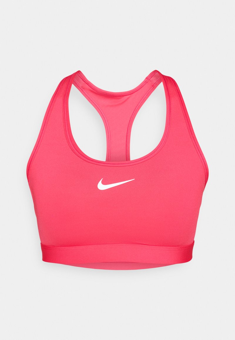 Nike-Sport-BH in leuchtendem Pink mit Racerback-Design, glatter Textur und einem weißen Logo, das in der Mitte auf der Vorderseite platziert ist.